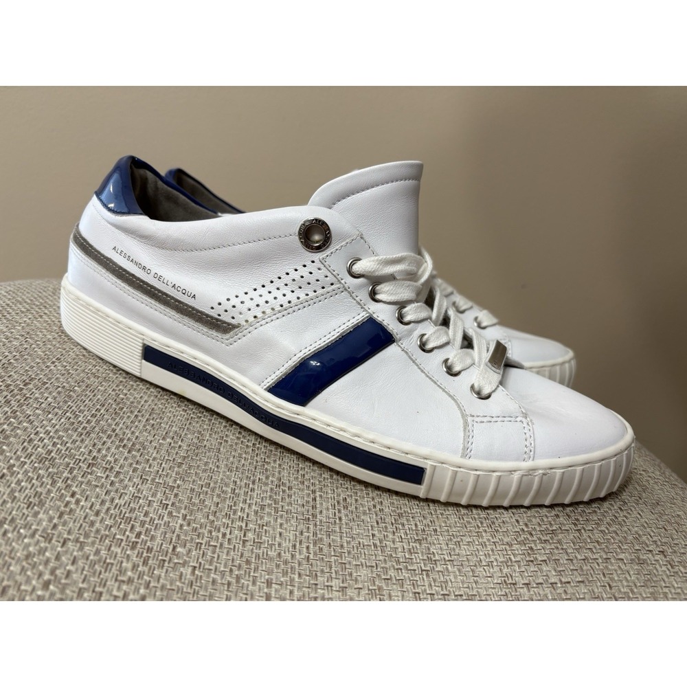 Men's US 11/EU 44 Designer Alessandro Dell'acqua Leathers Sneakers White Navy
